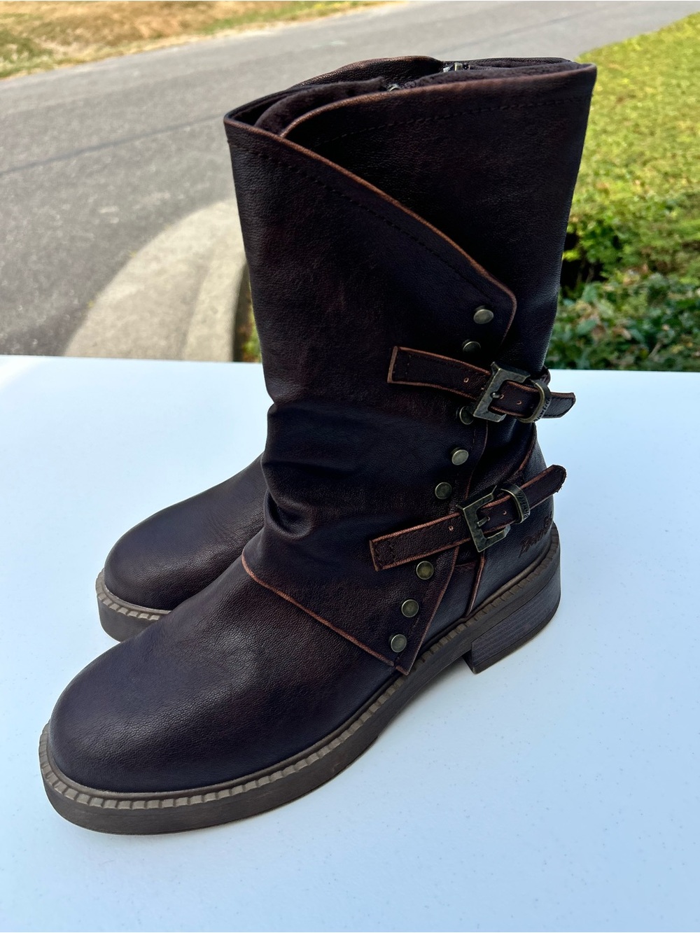 Women’s Dark Brown Buckle Moto Boots - Rugged Mid-Calf Style new